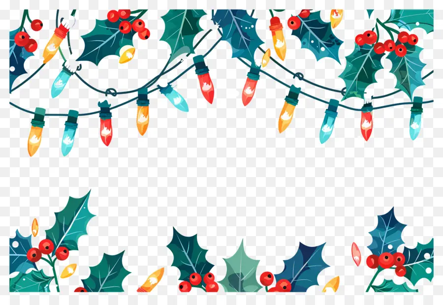 Fondo De Navidad，Marco Navideño Con Acebo Y Luces PNG