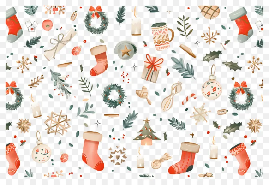 Fondo De Navidad，Patrón Navideño Con Adornos Y Medias PNG