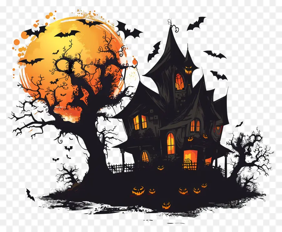 Castillo Embrujado，Escena De Halloween PNG