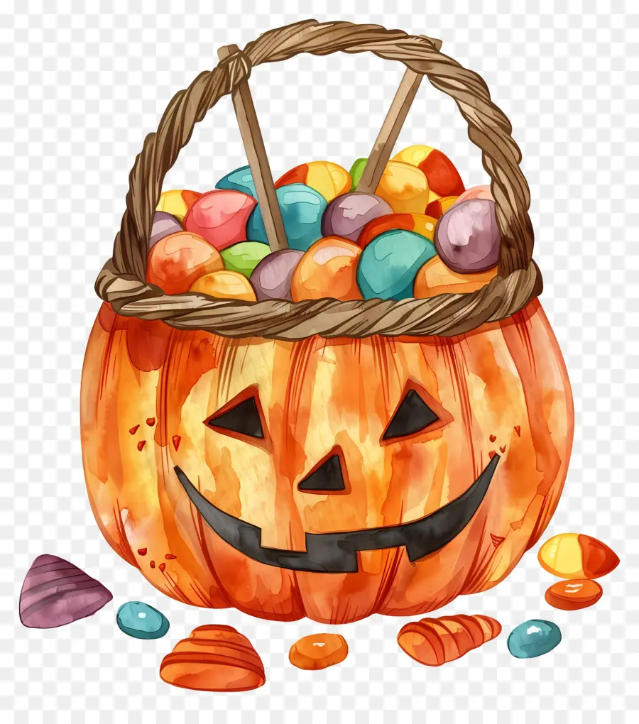 Cesta De Halloween，Calabaza Con Caramelos PNG