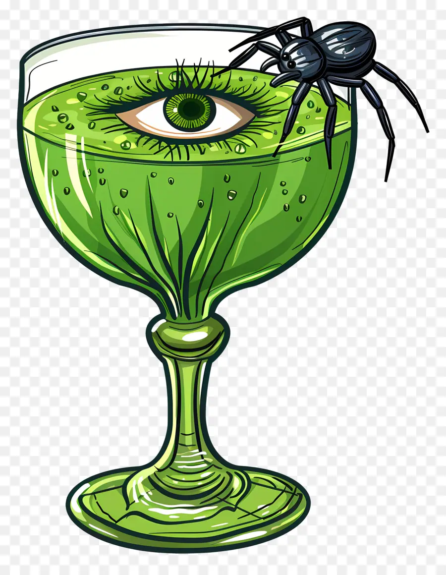 Bebida De Halloween，Martini Verde Con Araña Y Globo Ocular PNG