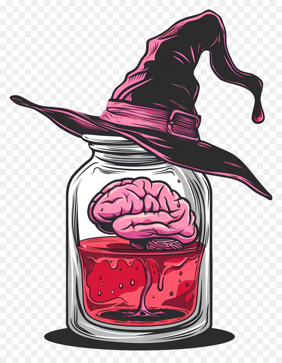 Cerebro Rosa，Cerebro En Frasco Con Sombrero De Bruja PNG