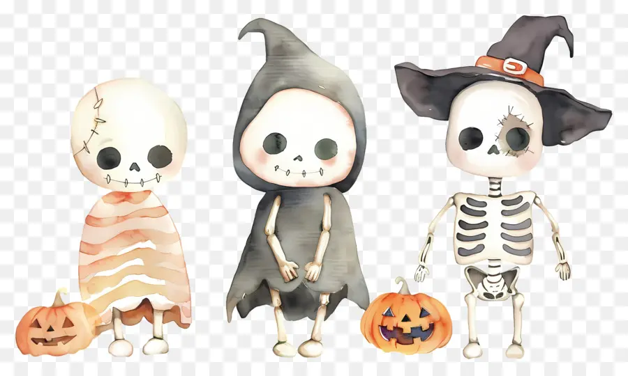 Esqueletos De Halloween，Esqueletos Con Sombreros De Bruja PNG