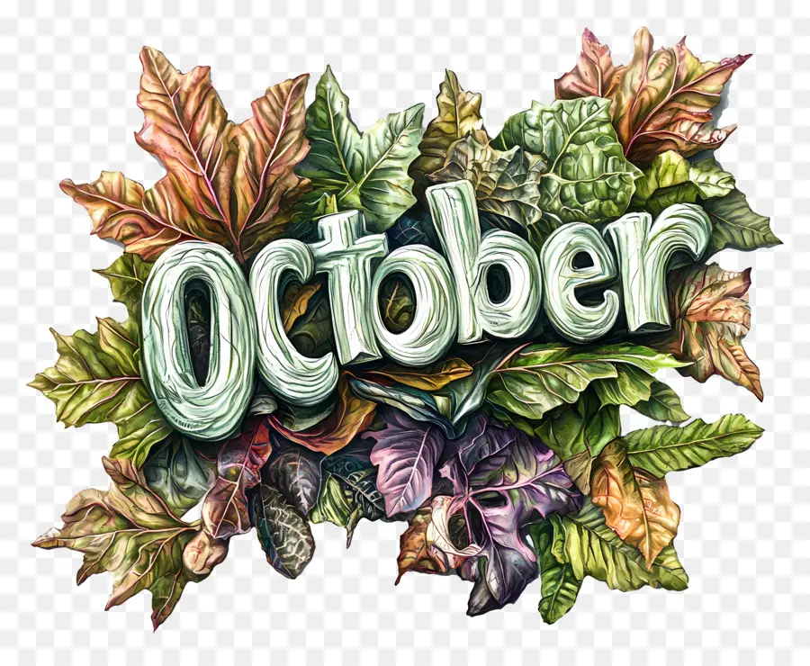 Octubre，Octubre Con Hojas Verdes PNG