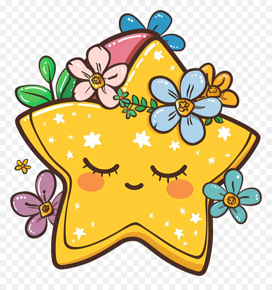 Estrella Kawaii，Estrella Amarilla Con Flores PNG