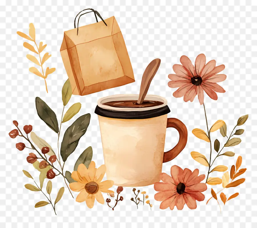 Taza De Cafe，Taza De Café Con Flores PNG