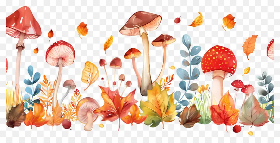 Frontera De Otoño，Hongos Y Hojas PNG