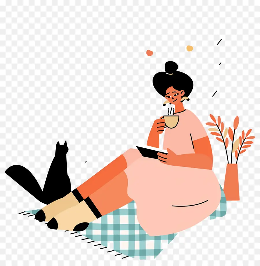 Tomando Cafe，Mujer Con Gato PNG