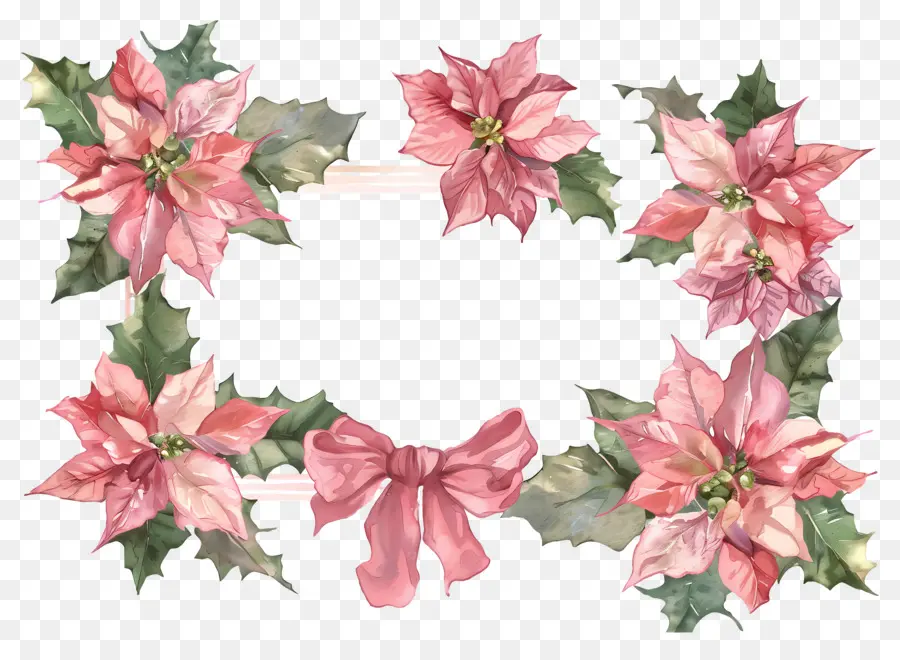 Marco De Navidad，Flor De Pascua Y Cinta Rosa PNG