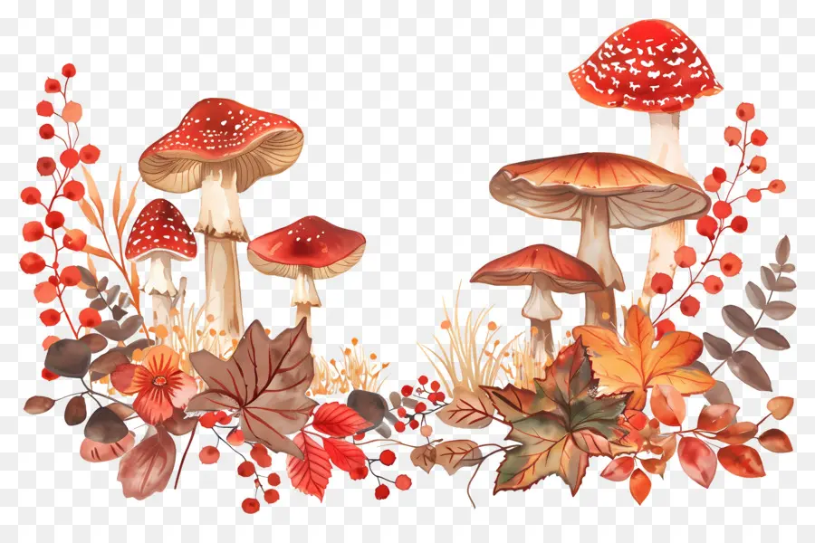 Frontera De Otoño，Hongos Y Hojas PNG