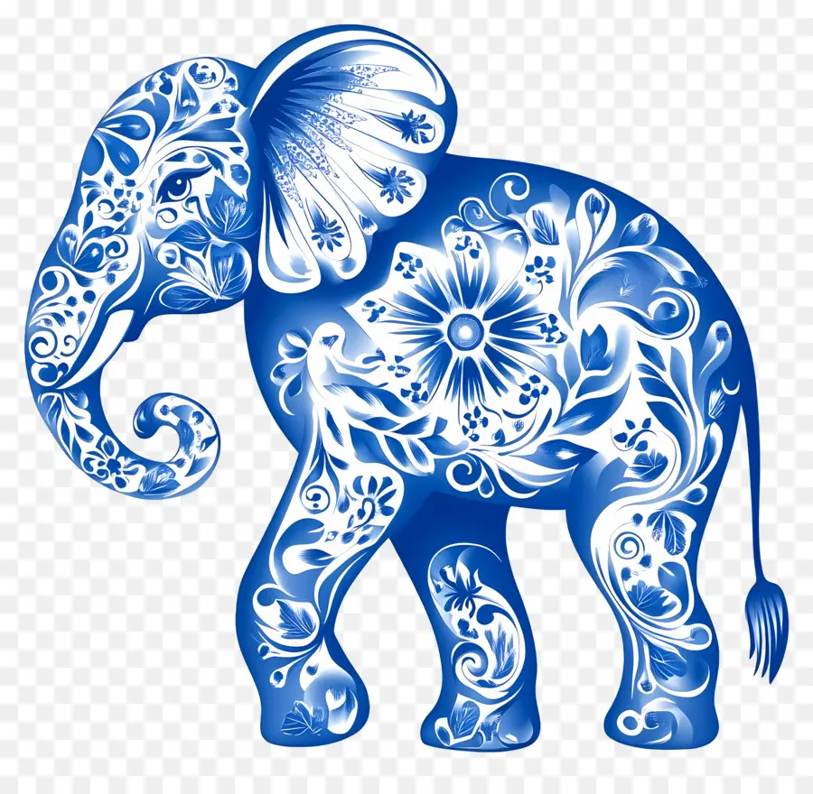 Silueta De Elefante，Elefante Floral Azul PNG