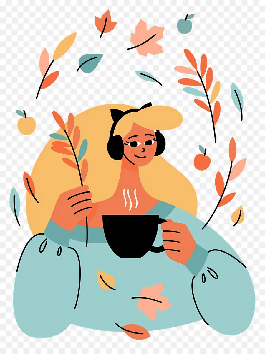 Tomando Café，Mujer Con Auriculares PNG