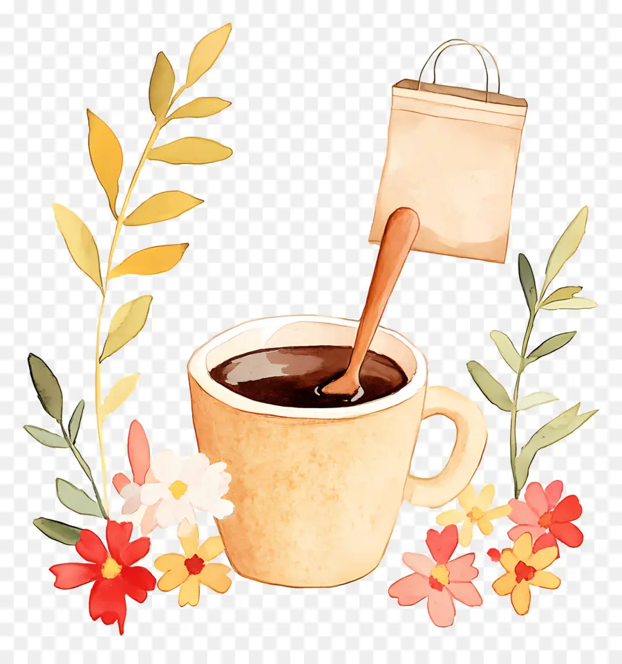 Taza De Cafe，Taza De Café Con Flores PNG