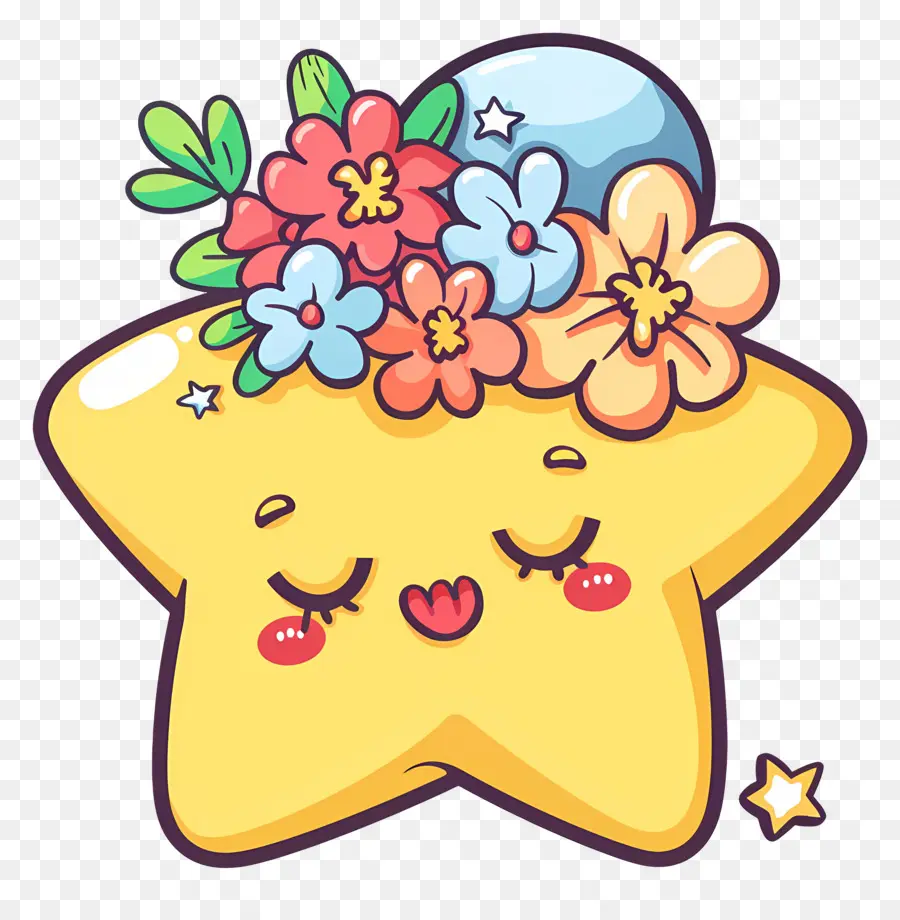 Estrella Kawaii，Estrella Amarilla Con Flores PNG