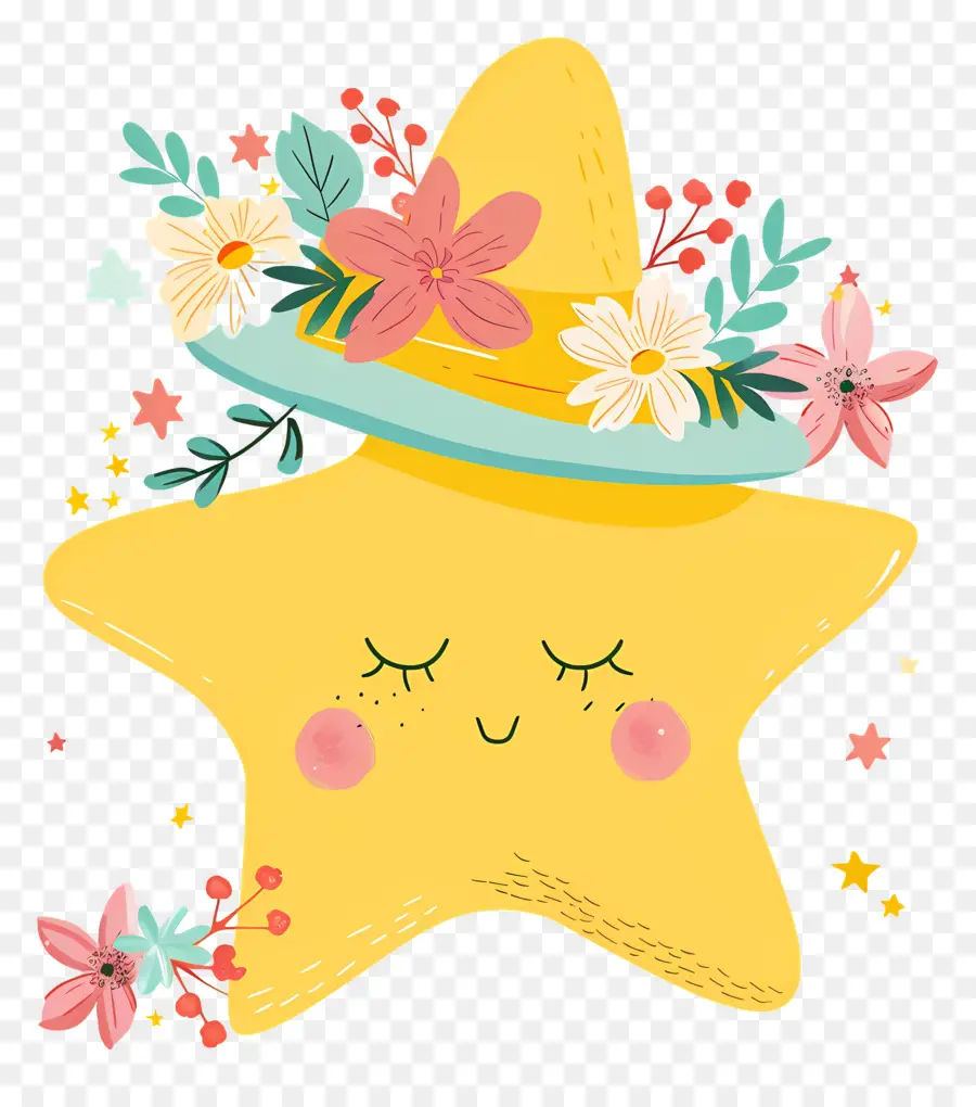 Estrella Kawaii，Estrella Amarilla Con Flores PNG