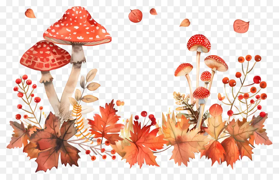 Frontera De Otoño，Hongos Y Hojas PNG