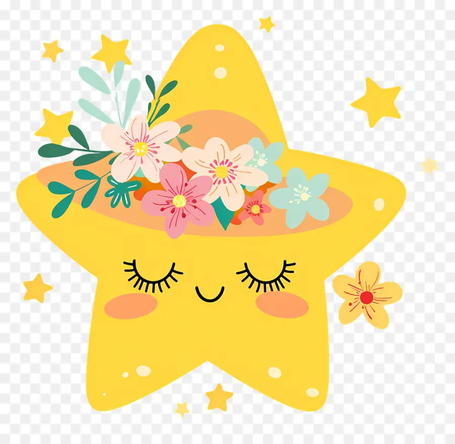 Estrella Kawaii，Estrella Amarilla Con Flores PNG