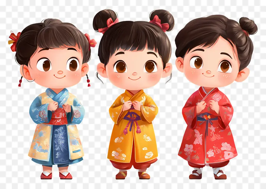 Día Nacional De China，Tres Niñas En Ropa Tradicional PNG