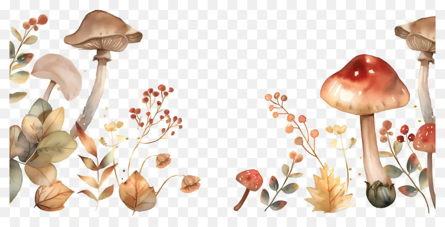 Frontera De Otoño，Hongos Y Hojas PNG