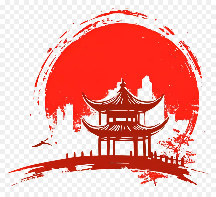 Día Nacional De China，Pagoda Con Sol Rojo PNG