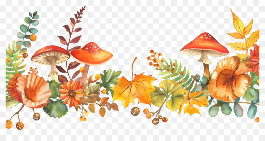 Frontera De Otoño，Hongos Y Hojas PNG