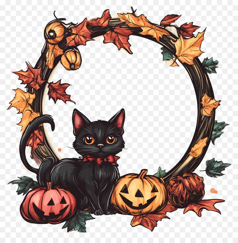 Marco De Halloween，Gato Negro Y Calabaza PNG