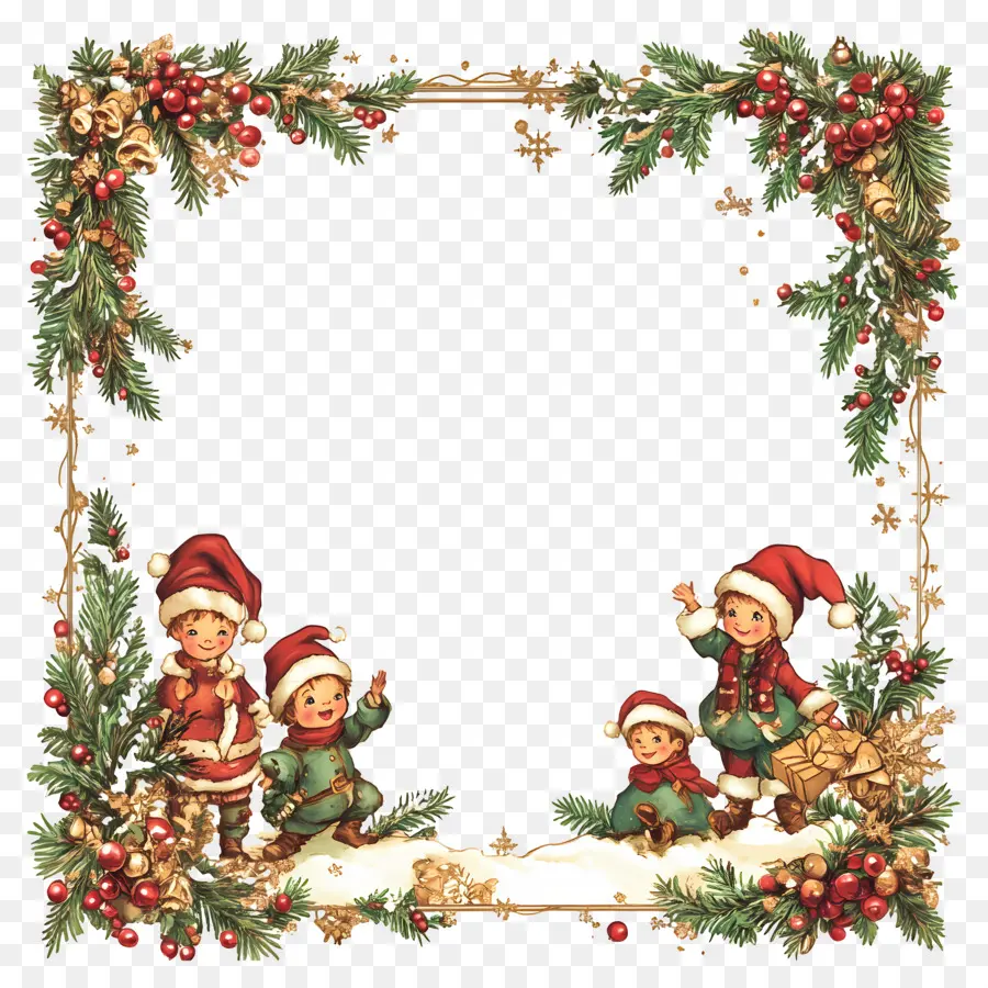 Marco De Navidad Dorado，Marco Navideño Con Niños PNG