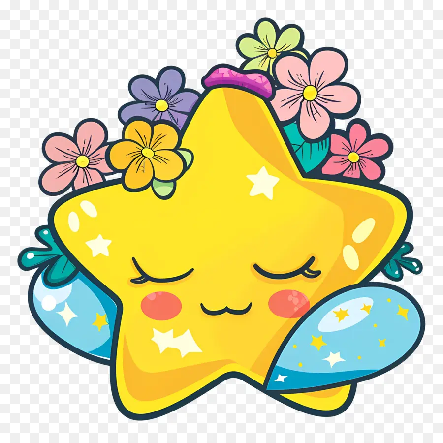 Estrella Kawaii，Estrella Amarilla Con Flores PNG