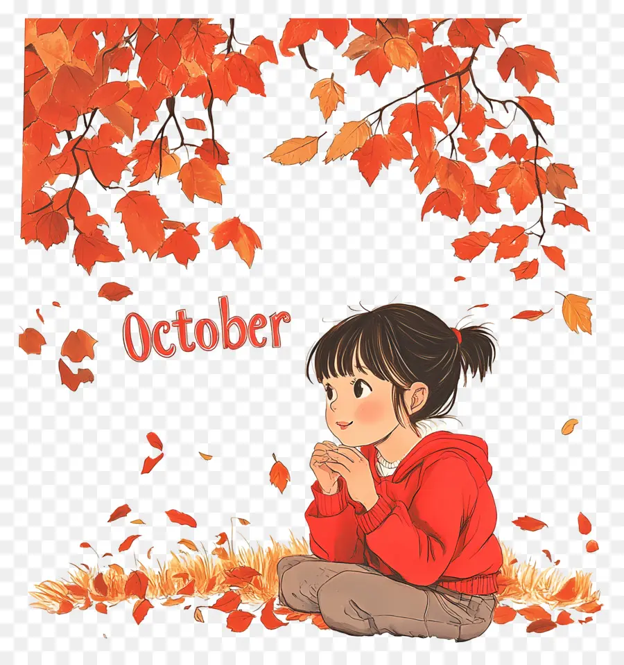 Octubre，Octubre Con Niña Y Hojas De Otoño PNG