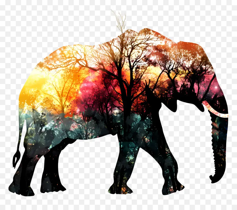 Silueta De Elefante，Elefante Con Bosque PNG