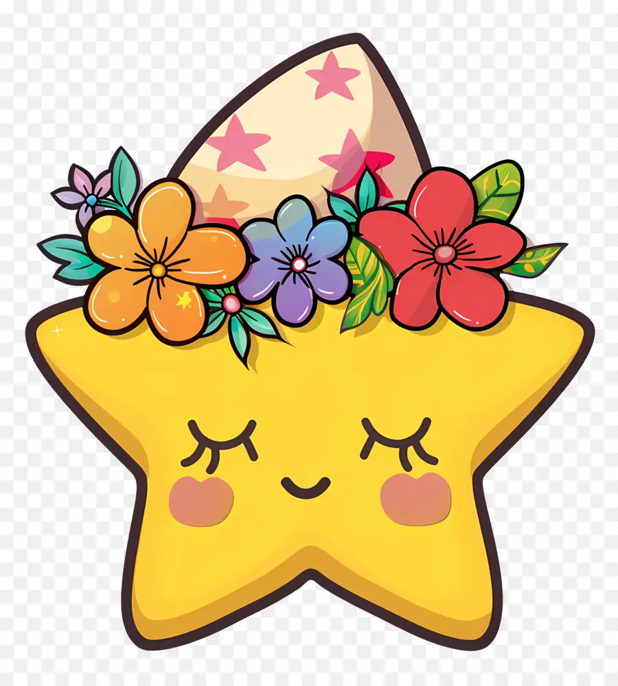 Estrella Kawaii，Estrella Amarilla Con Flores PNG