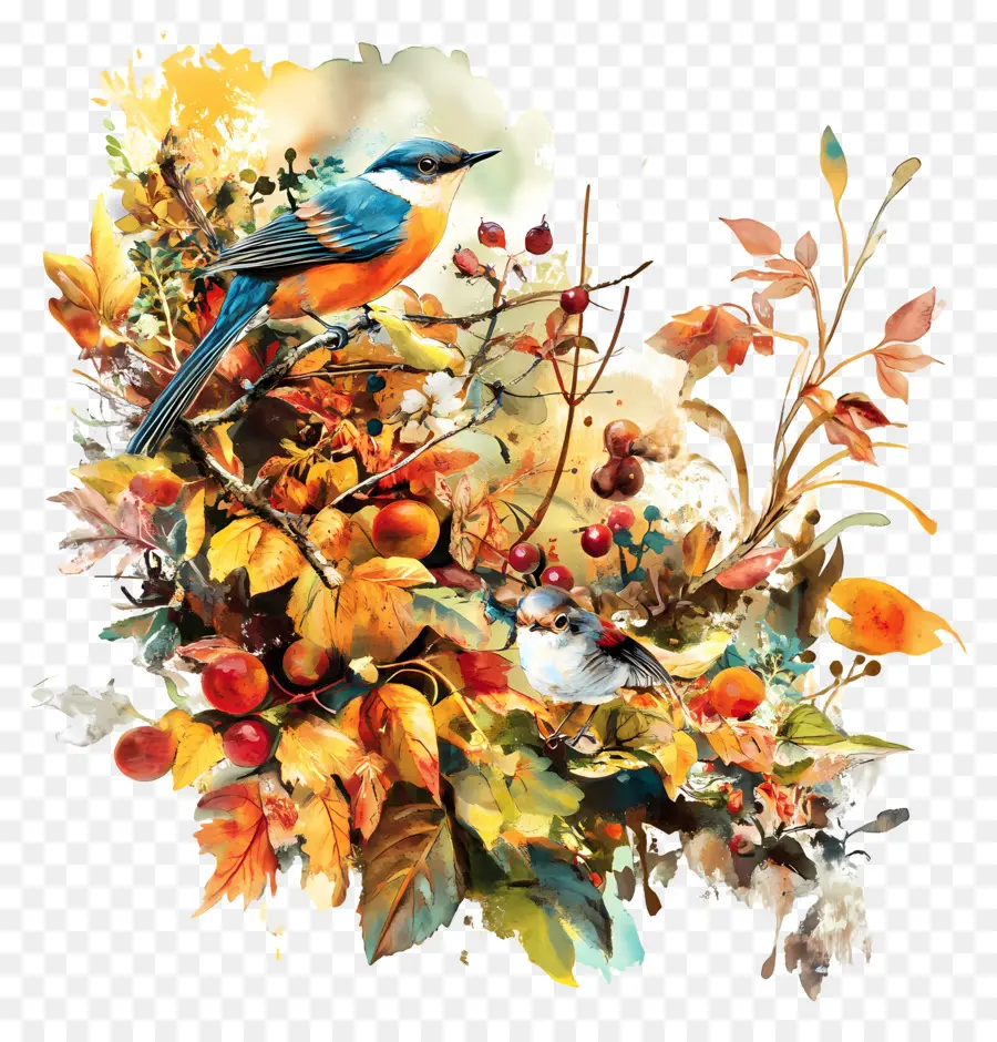 Naturaleza De Otoño，Pájaros Y Hojas PNG