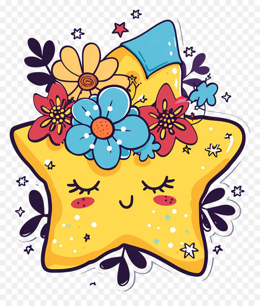 Estrella Kawaii，Estrella Amarilla Con Flores PNG