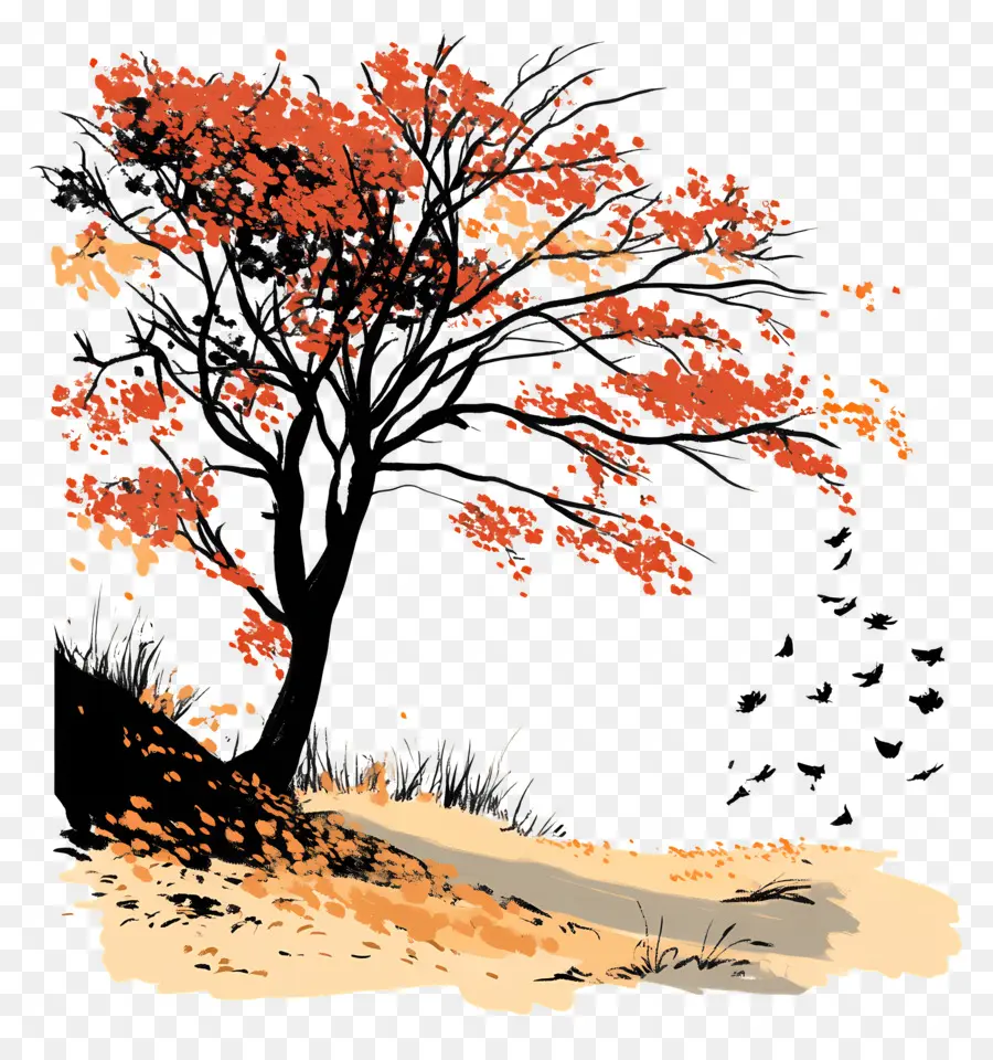 Naturaleza De Otoño，Árbol De Otoño Con Pájaros PNG