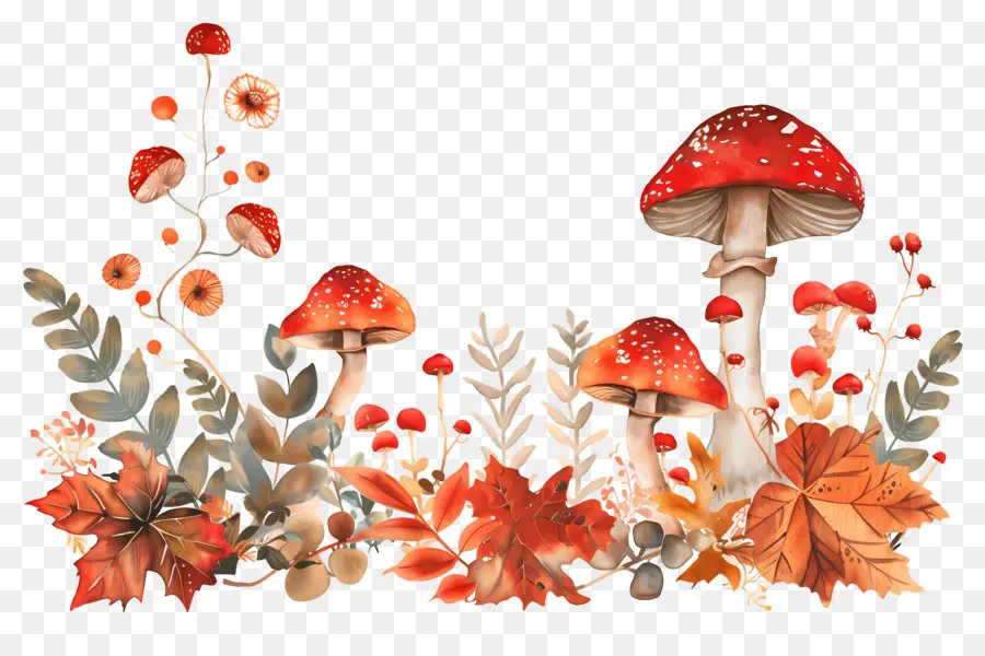 Frontera De Otoño，Hongos Y Hojas PNG