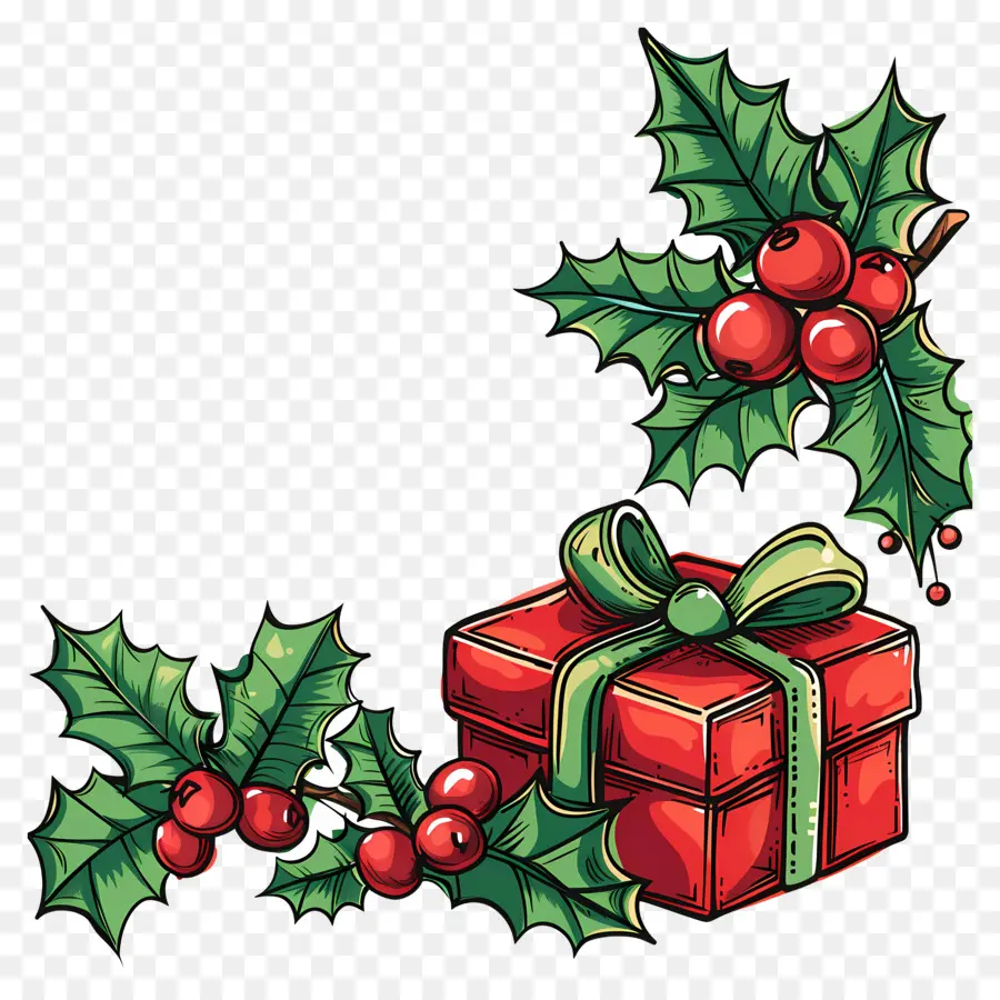 Rincón De Navidad，Regalo De Navidad Con Holly PNG