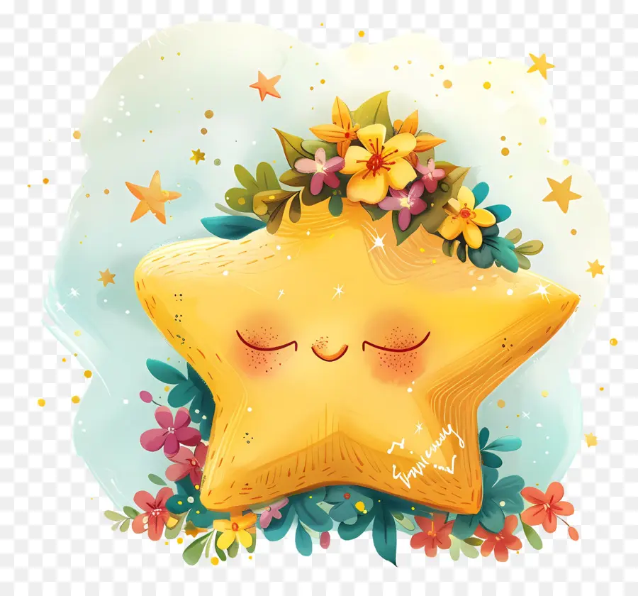 Estrella Kawaii，Estrella Amarilla Con Flores PNG