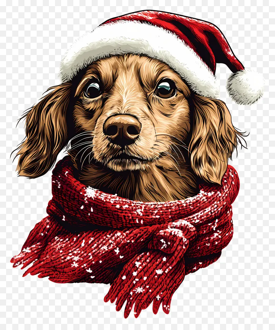 Perro De Navidad，Perro Marrón Con Gorro De Papá Noel Y Bufanda PNG