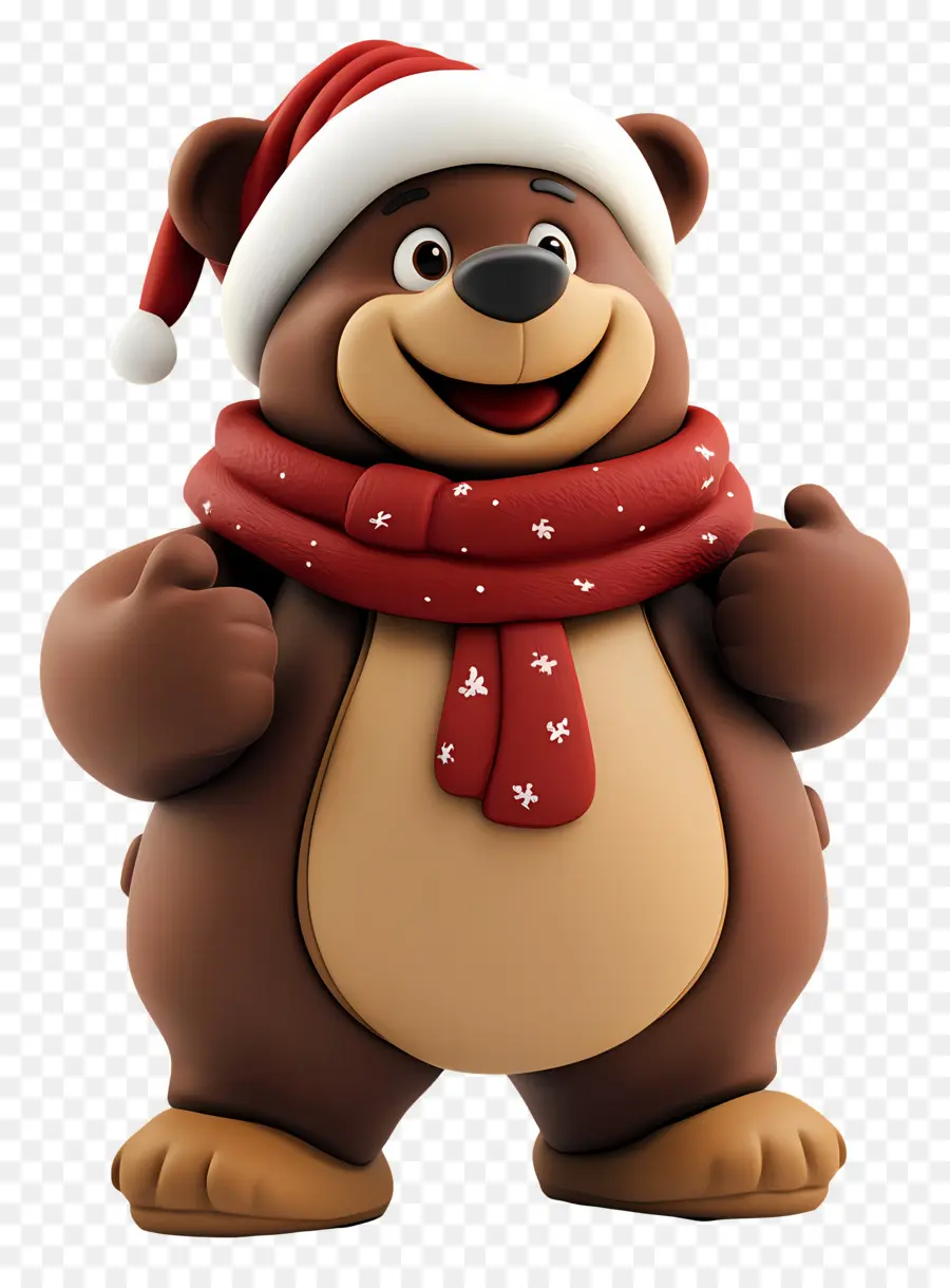 Oso De Navidad，Oso Pardo Con Gorro De Papá Noel Y Bufanda PNG