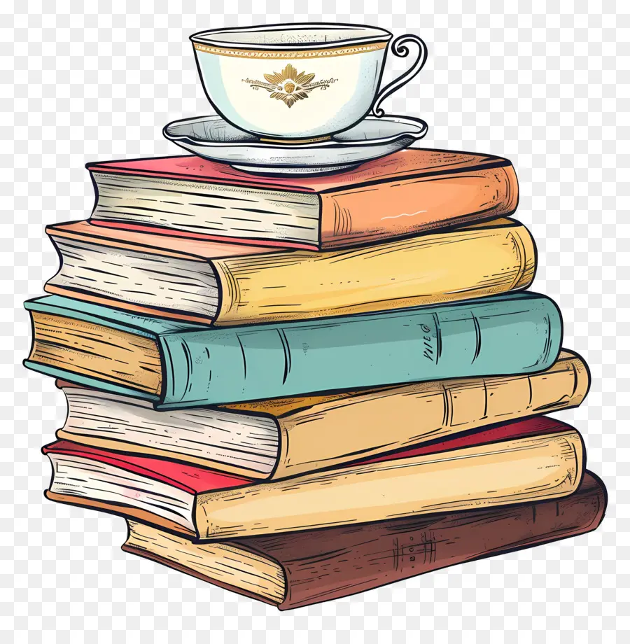 Libros Dibujo，Pila De Libros Con Taza PNG