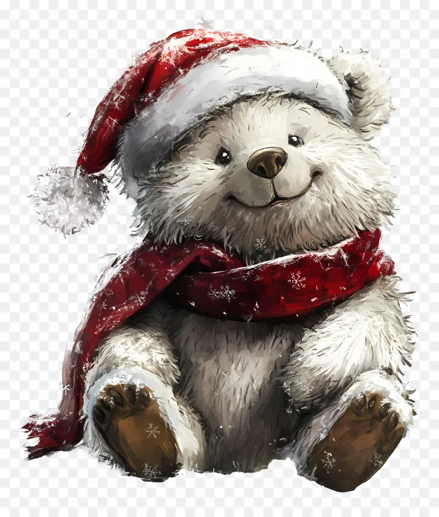 Oso De Navidad，Oso Blanco Con Gorro De Papá Noel Y Bufanda PNG