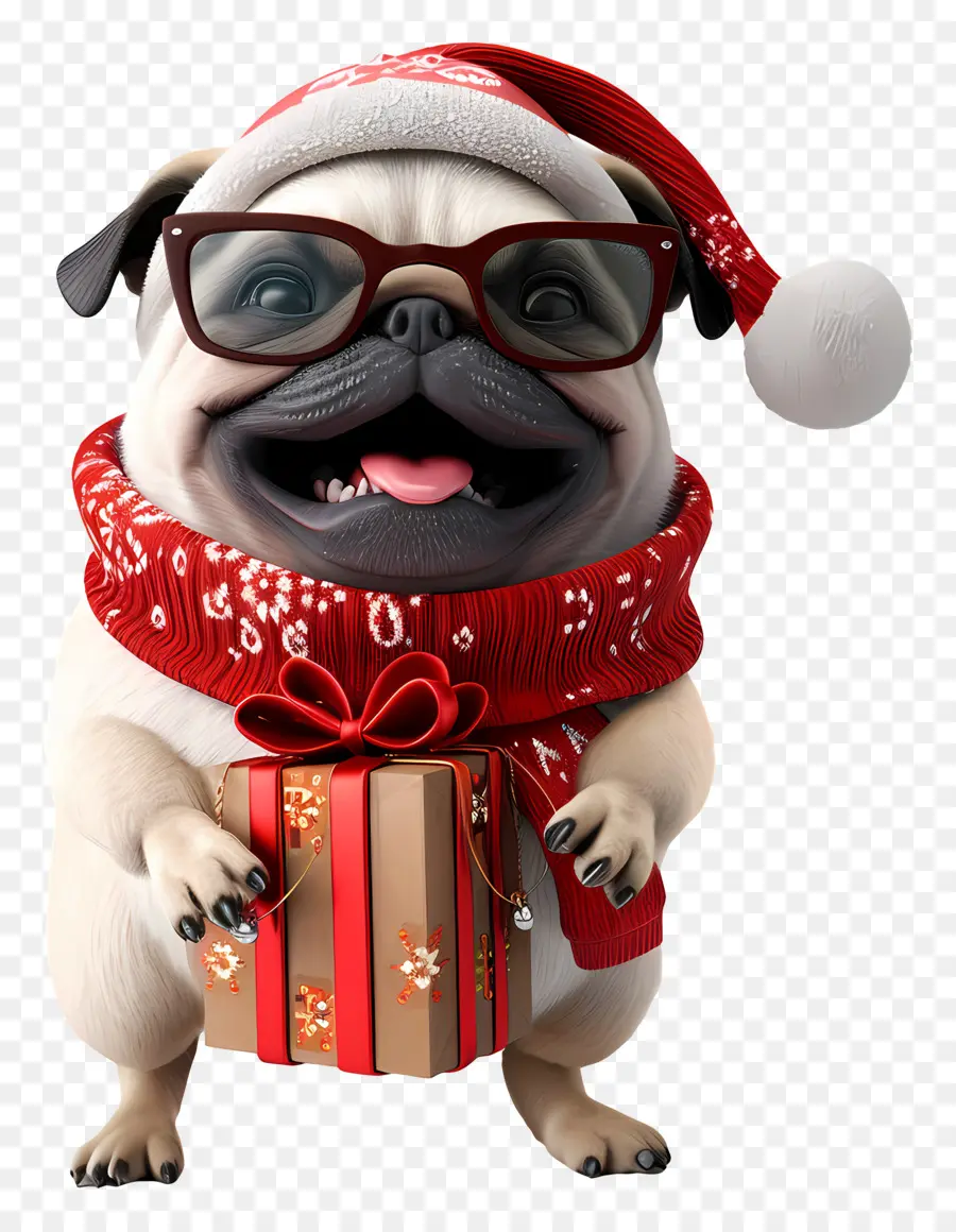 Perro 3d，Pug Con Gorro De Papá Noel PNG