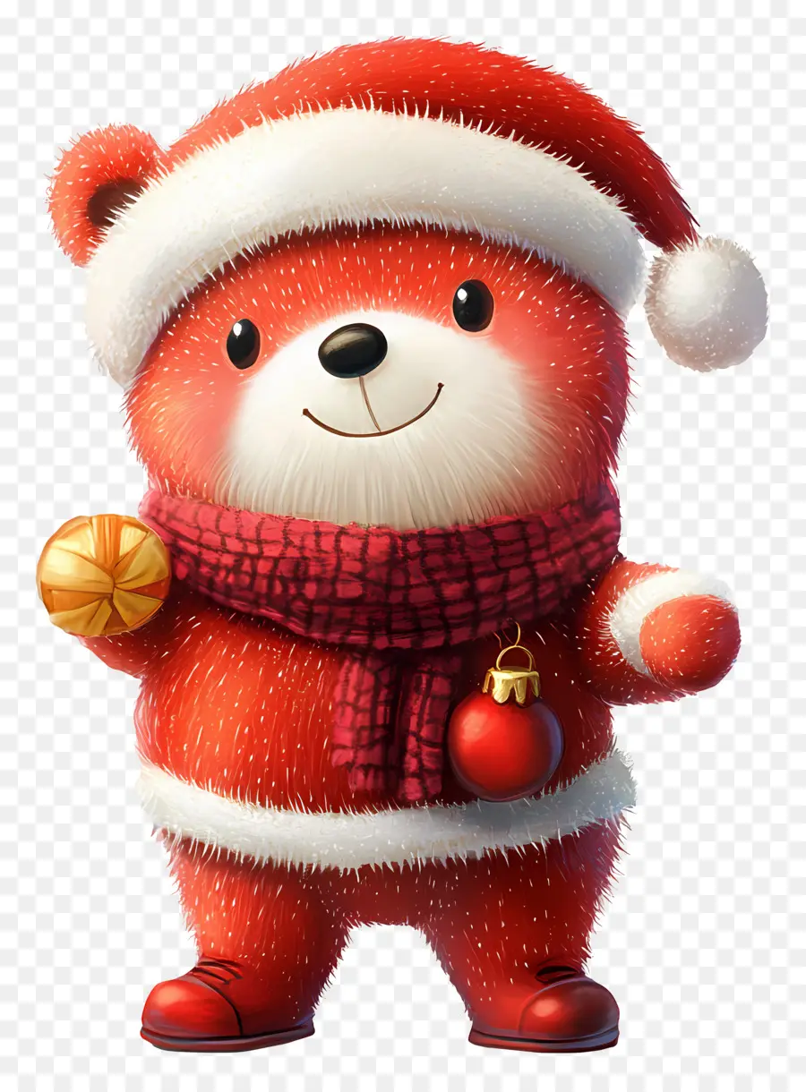 Oso De Navidad，Oso Rojo Con Gorro De Papá Noel Y Adornos PNG