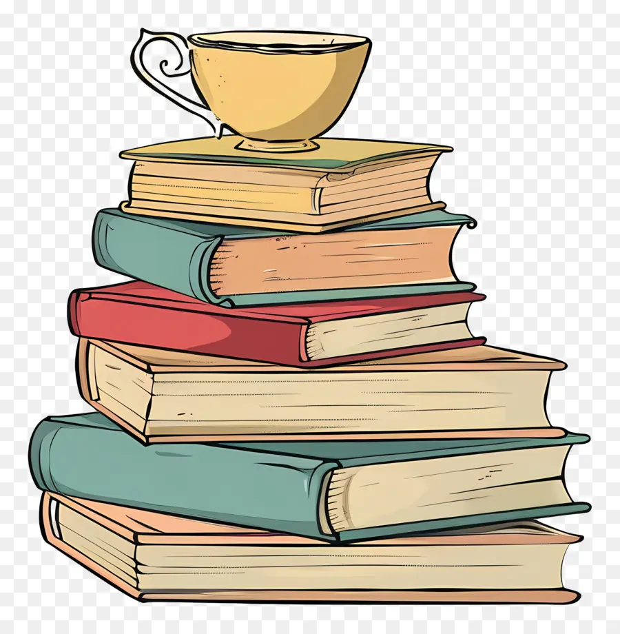 Libros Dibujo，Pila De Libros Con Taza PNG