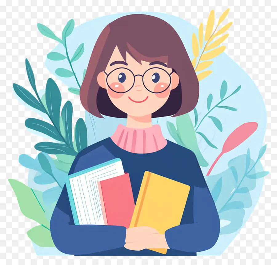 Profesor De Dibujos Animados，Chica Con Libros PNG