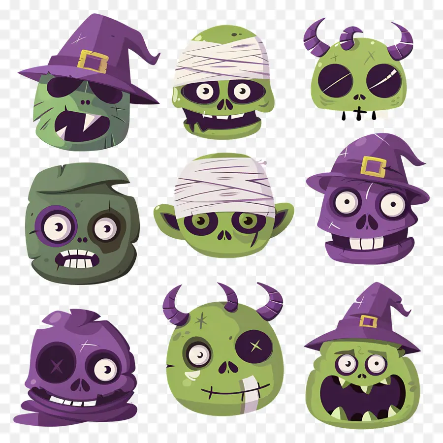 Personajes De Halloween，Caras De Monstruos Verdes PNG