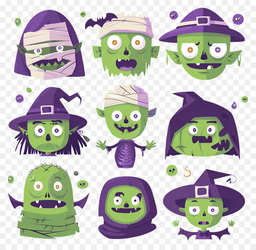 Personajes De Halloween，Caras De Monstruos Verdes PNG