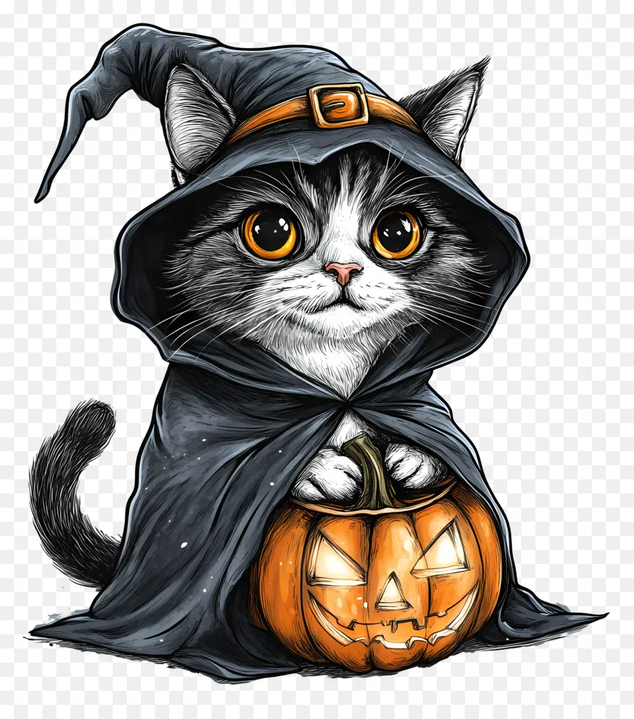 Gato Halloween，Gato Con Capa Negra Y Naranja PNG