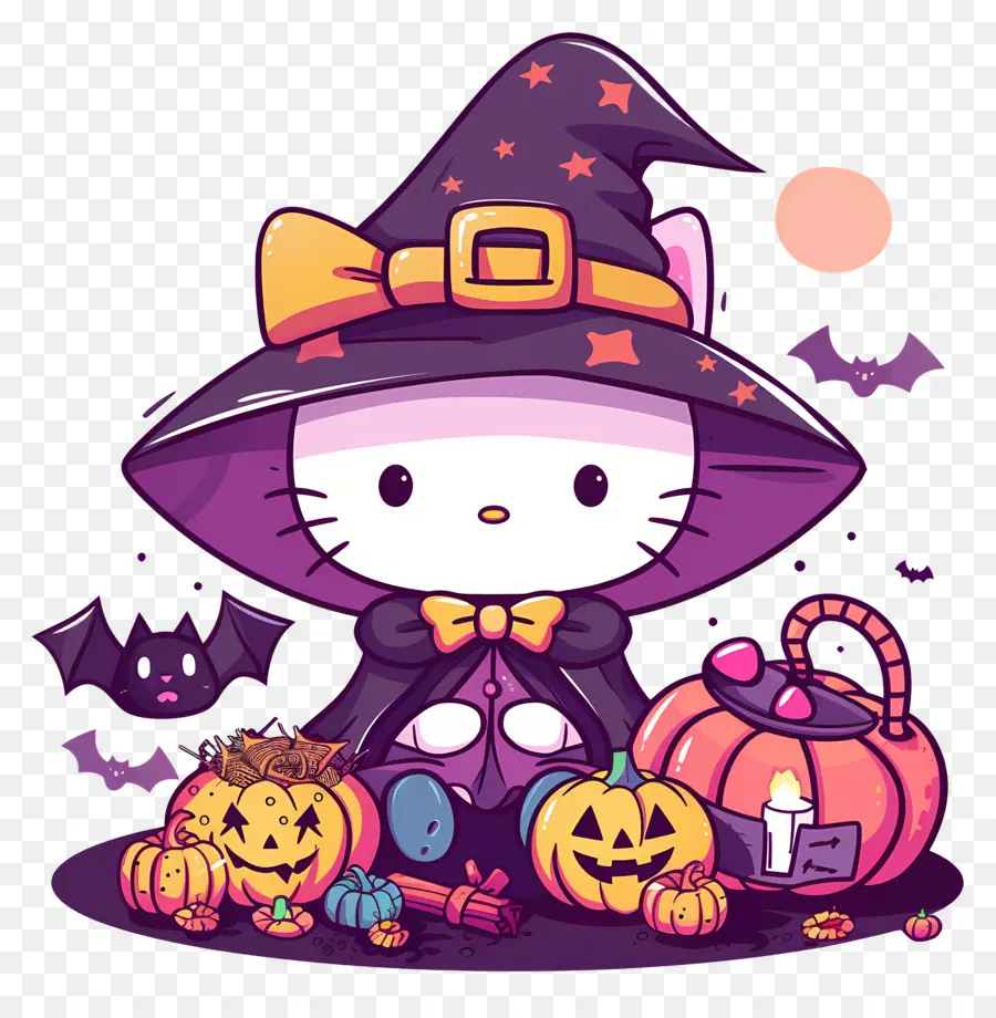 Hola Gatito Halloween，Bruja Gato De Dibujos Animados PNG