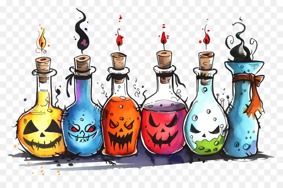 Frontera De Halloween，Botellas De Pociones De Colores PNG